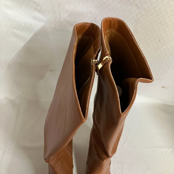 Zzheels Women's 10.5 Light Brown Boots Square Toe Chunky Side Zipper Heeled Long - Picture 10 of 11